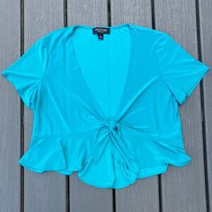 Blue tie front top / cardigan with ruffle hem, fairycore bohemian Y2K 2000s